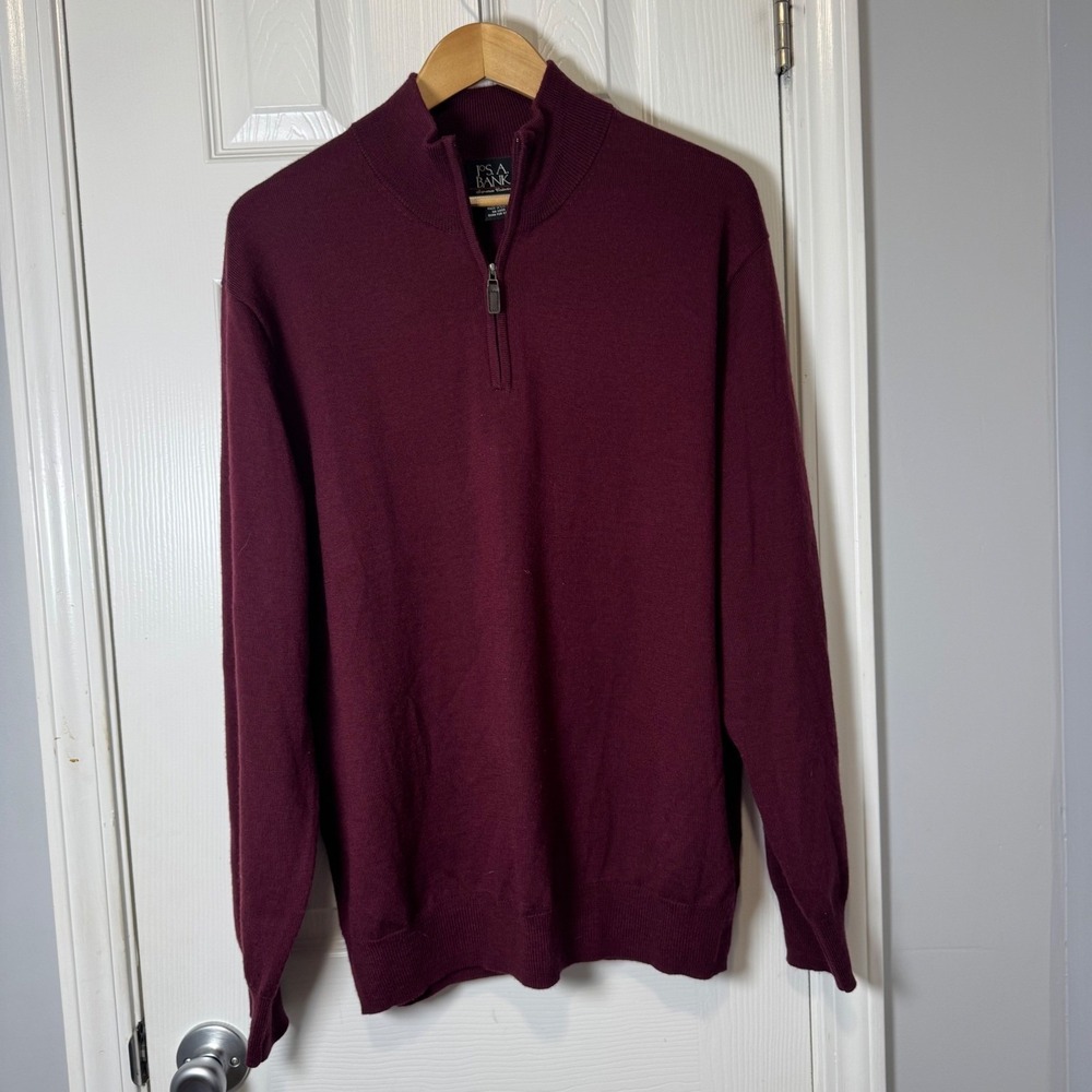 Jos A Bank Sweater Mens L Burgundy Tailored Fit 100% Merino Wool Quarter Zip